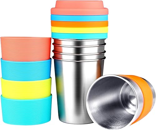 Miniatura 4 de KEREDA Vasos de acero inoxidable para niños con tapas y mangas de silicona, paquete de 5 vasos de 8 onzas