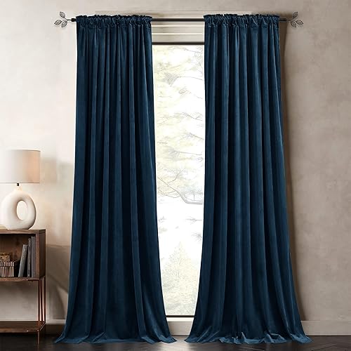 Miniatura 2 de PONY DANCE Cortinas opacas de terciopelo azul prusiano de 96 pulgadas para sala de estar, tratamiento de ventana de terciopelo súper suave con