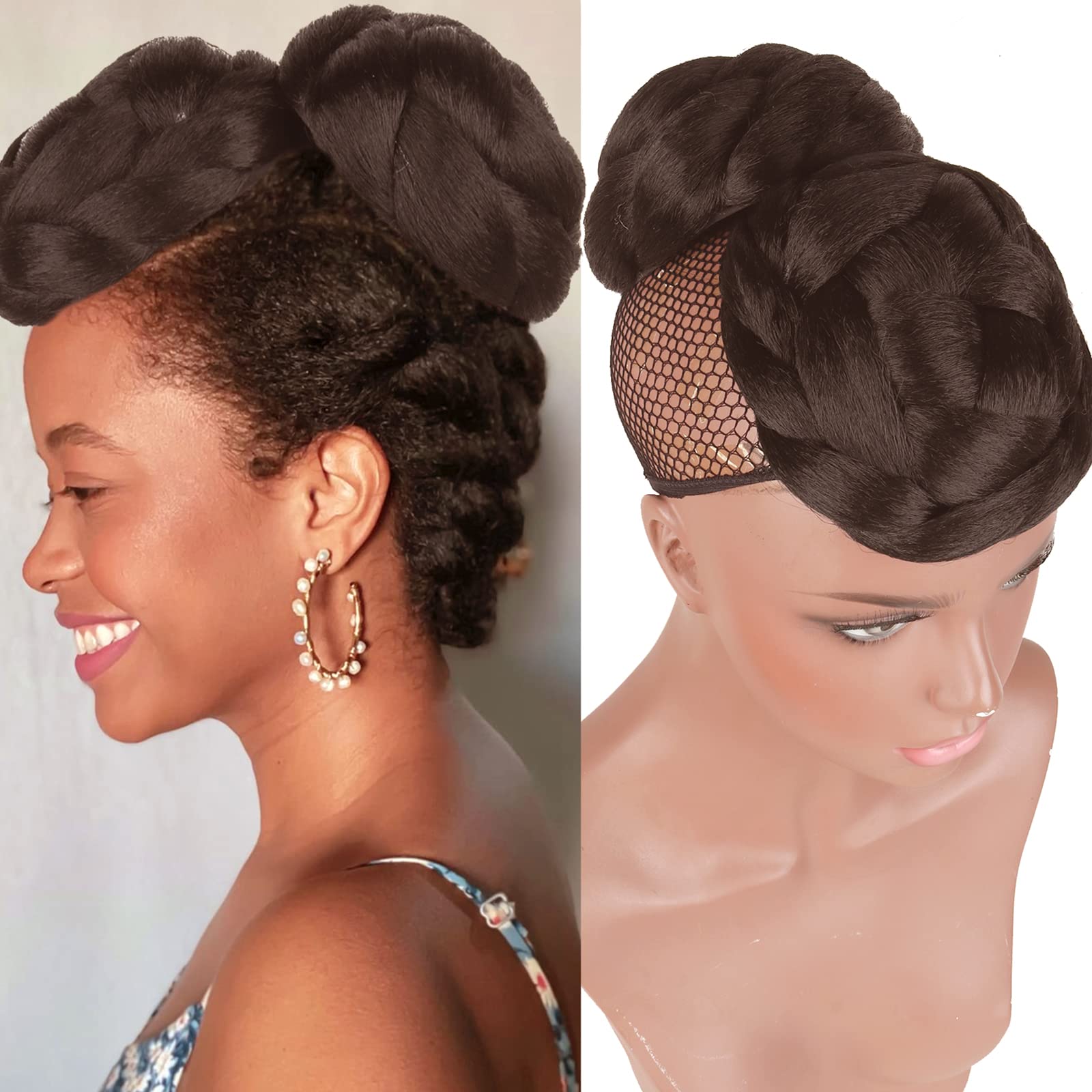 Puff Ponytail bun with Bangs braided dome-and-bun hair piece Synthetic braided Ponytail Bun with braided Bangs (Medium chestnut brown)