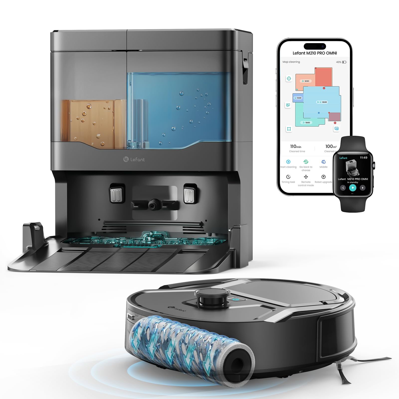 Lefant M210PRO OMNI Robot Aspirapolvere e Lavapavimenti con Mappatura, Rullo Autopulente, 20000Pa, Lavaggio con Acqua Pulita, Laser dToF, PSD 2.0, Anti-Groviglio, Compatto, WiFi 2.4G/5G, Alexa/App