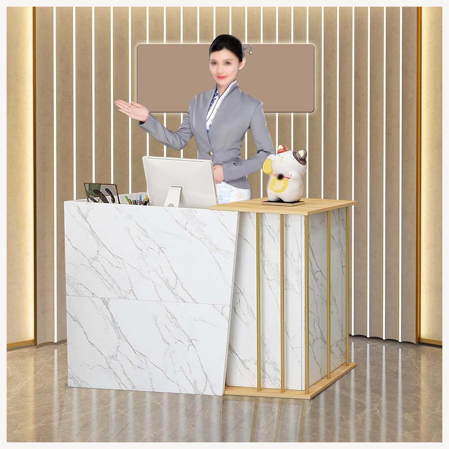 Mostrador de Recepción con 4 Espacios de Almacenamiento, Mostrador Moderno para Vestíbulo, Oficina, Salón o Tienda, Escritorio de Recepción Compacto y Funcional
