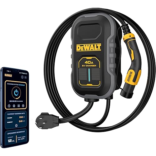 DEWALT Level 2 Compact EV Charger Prewired NACS Charging Station for Tesla EVs, Up to 40 Amps 240V with App Control Bluetooth & Wi-Fi, CSA Certified Indoor/Outdoor NEMA 14-50 Plug with 20 ft. Cable