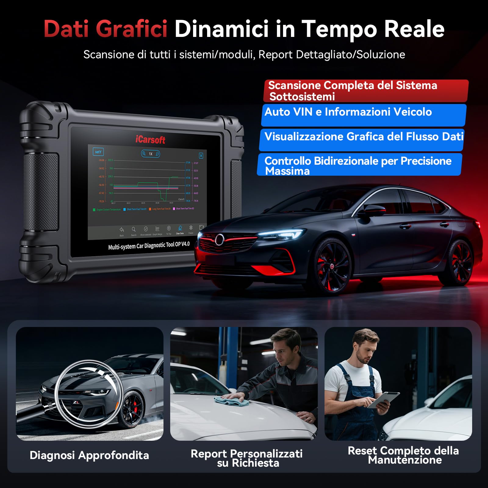 iCarsoft OP V4.0 OBD2 Auto Diagnostica per Opel/Vauxhall + 2 Marche Opzionali, Diagnosi Auto Professionale in Italiano Tutti i Sistemi, 34 Servizi, Test Bidirezionale, Auto VIN, Aggiornamento WiFi