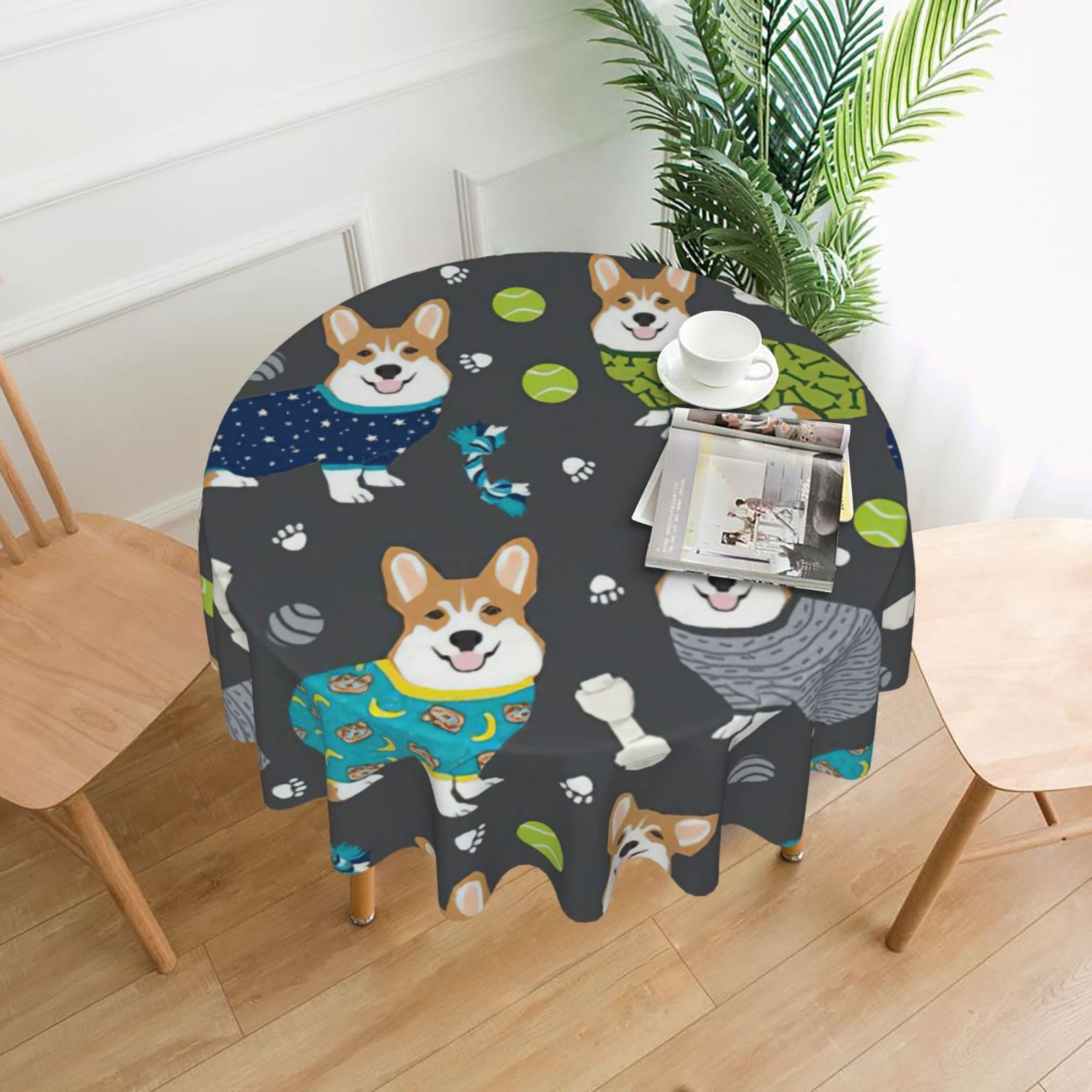 SDEGTHO Wearing Clothes Corgi Dogs Print Modern Retro Round Tablecloth 60in Polyester Fabric Cover for Party Dining Table Washable
