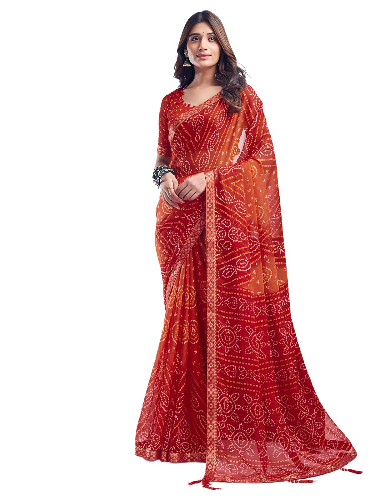 SAMAH Women's Bandhani Printed | Leheriya Printed Chiffon Saree with Unstitched Blouse Piece
