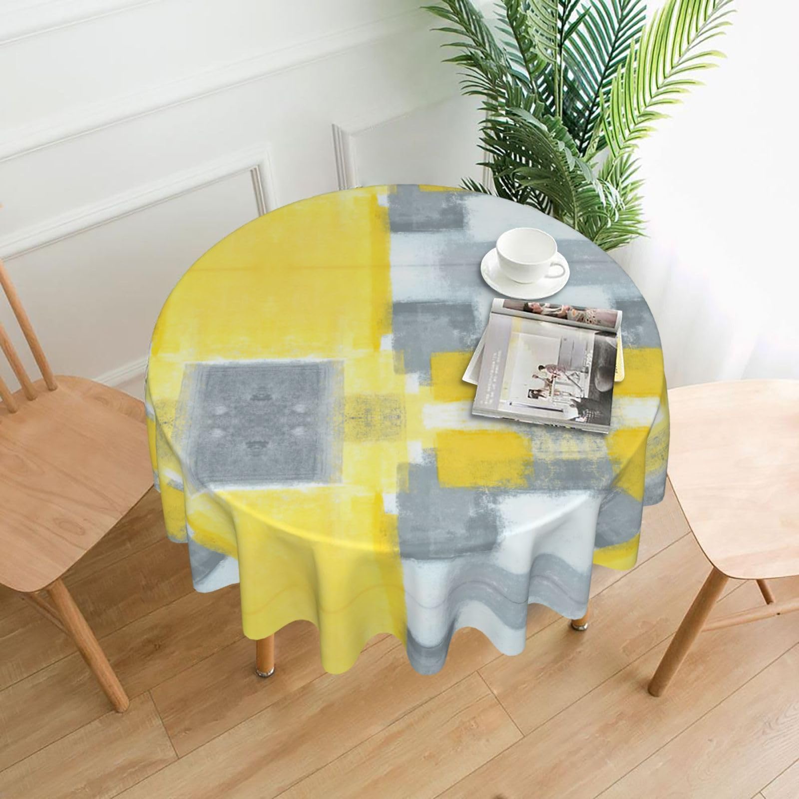 ZHAOUR Grey And Yellow Abstract Art Painting Print Round Washable Tablecloth – Table Cover