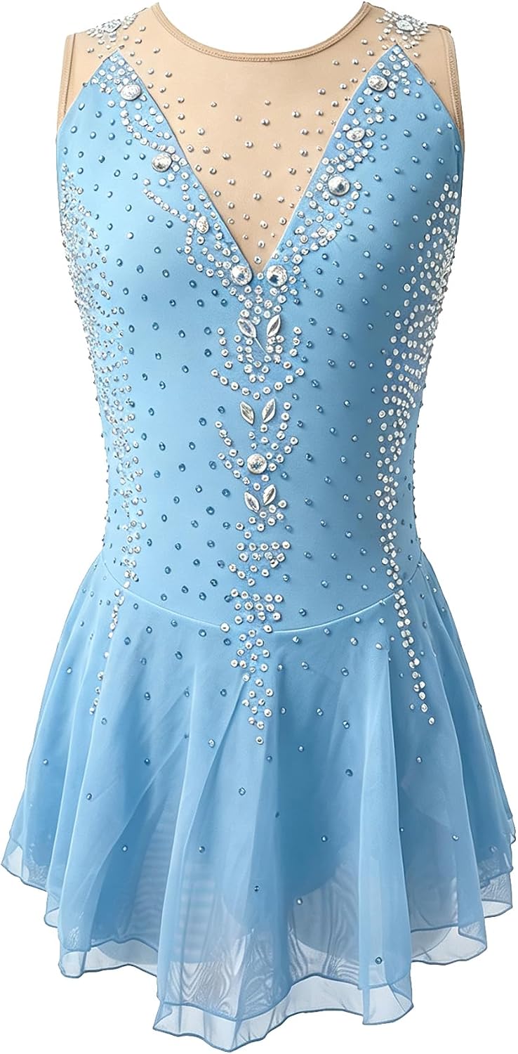 LIUHUO Girls Women Figure Skating Dress Competition | Sleeveless,Performance ,Training,Show,Hand Stitched Rhinestone , Comfy, Breathable, Elastic