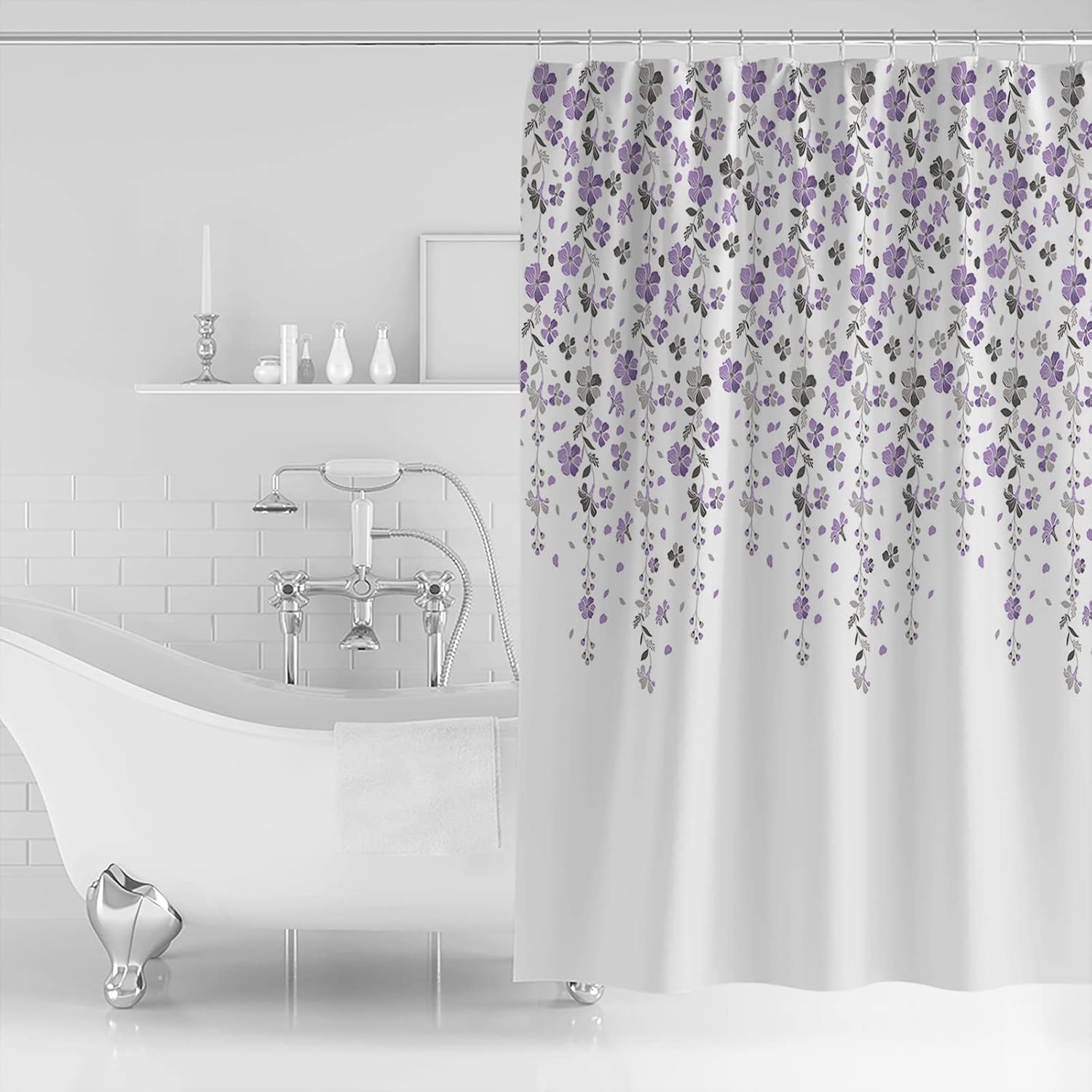 Romantic Floral Shower Curtain, Purple and Gray Draping Flower Waterproof Washable Shower Curtains Set for Bathroom Bathtubs Decor Set, 66" Wx72 L with Hooks