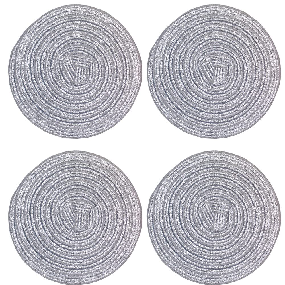 SCF2017 Round Woven Glitter Plastic Placemats 11cm Hollow Small Table Mats Coasters,Set of 4,Silver