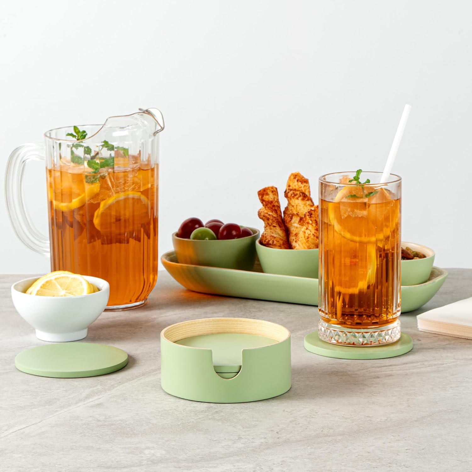 Restaurantware-Bambuddha 3.9 Inch Coasters With Holder, 1 Heavy-duty Round Coaster Set - Sustainable, Reusable, Green Bamboo Bamboo Coasters For Drinks, 6-Piece Set, For Tabletop Protection