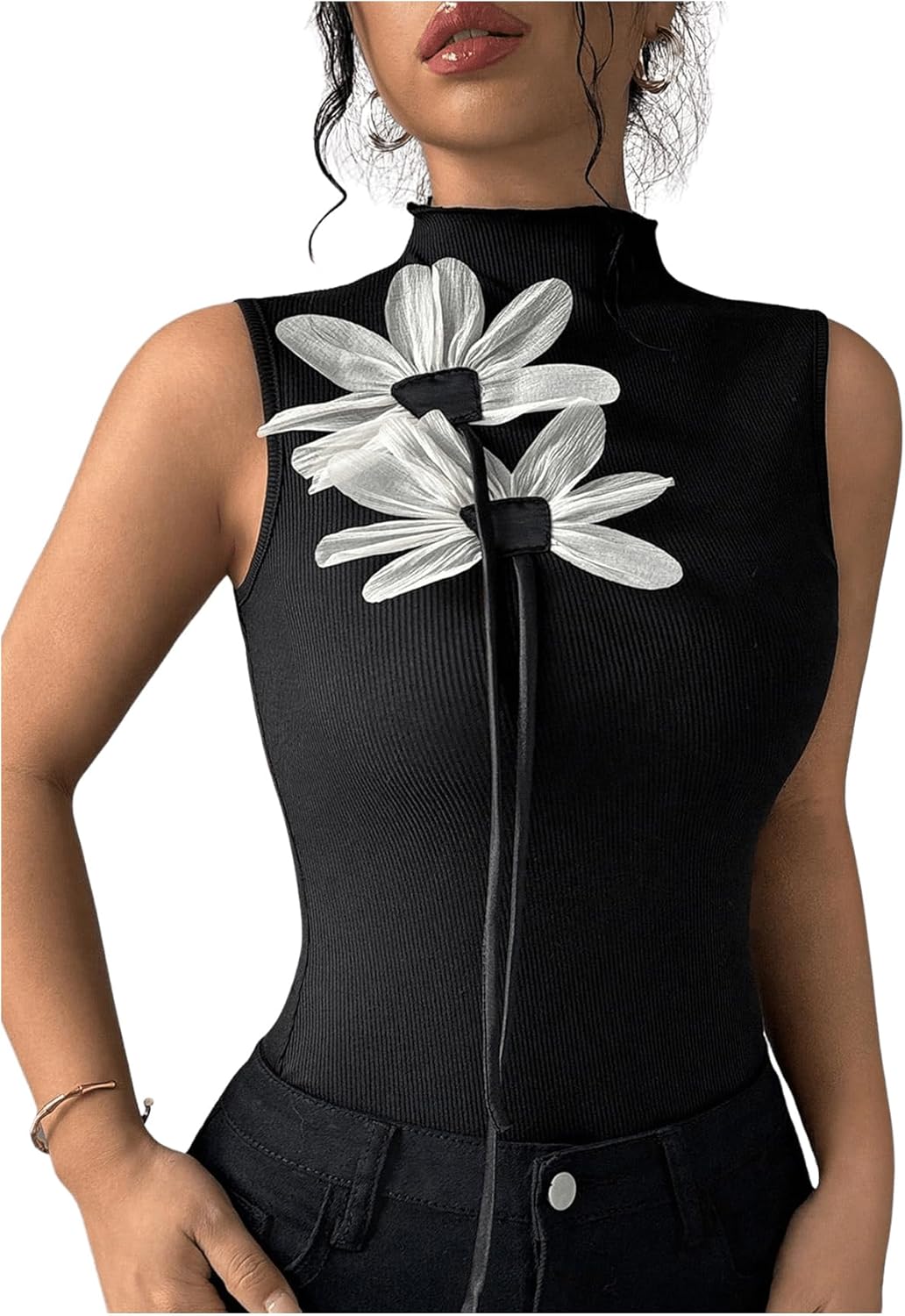 MakeMeChic Women's 3D Floral Mock Neck Fall Tank Tops Sleeveless Tops Rib Knitted Shirt