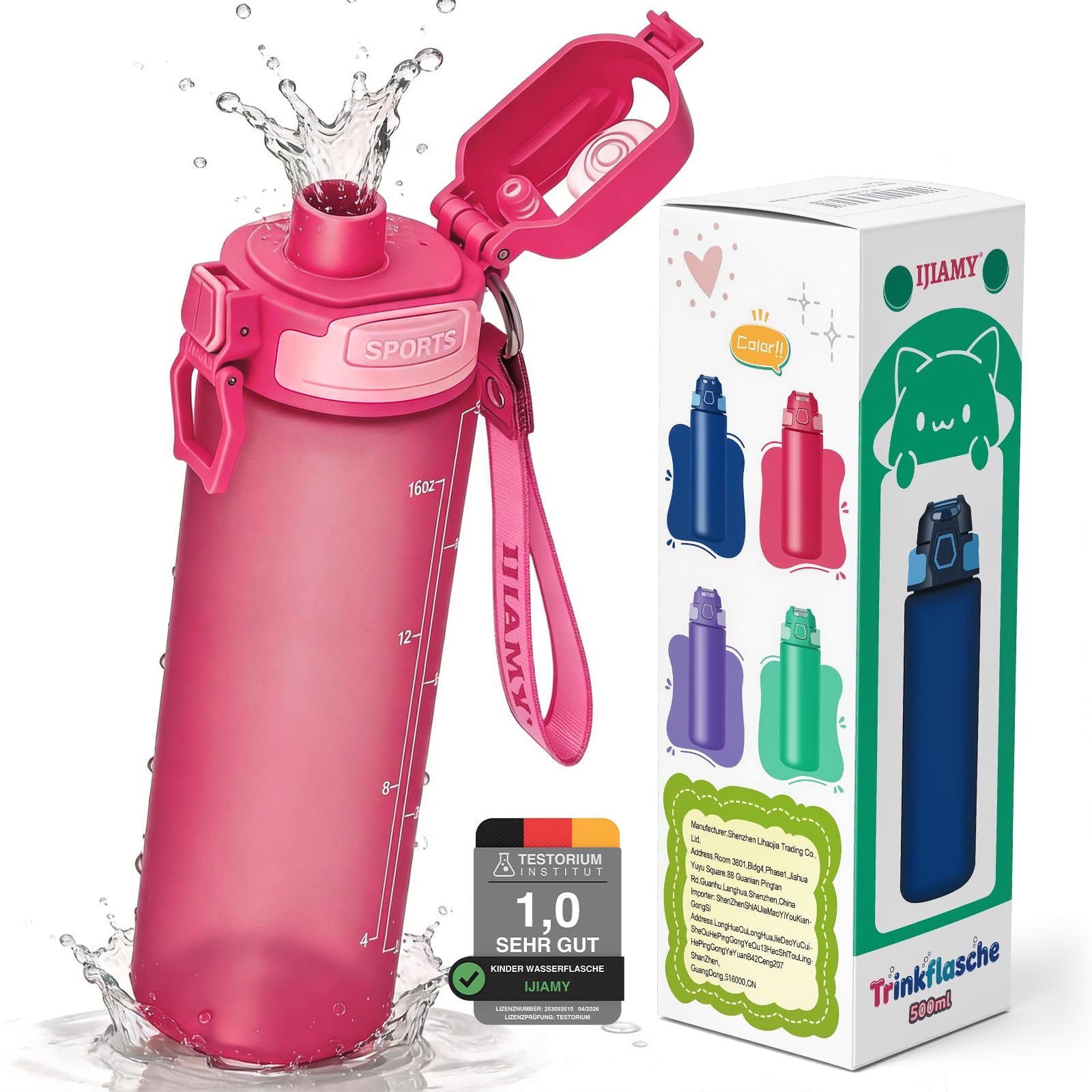 IJIAMY Trinkflasche Kinder Kohlensäure Geeignet 500ml, BPA-Frei, Mit Fruchteinsatz - Trinkflasche Sport 100% Auslaufsicher & Wasserflasche Perfekt für Kindergarten, Schule