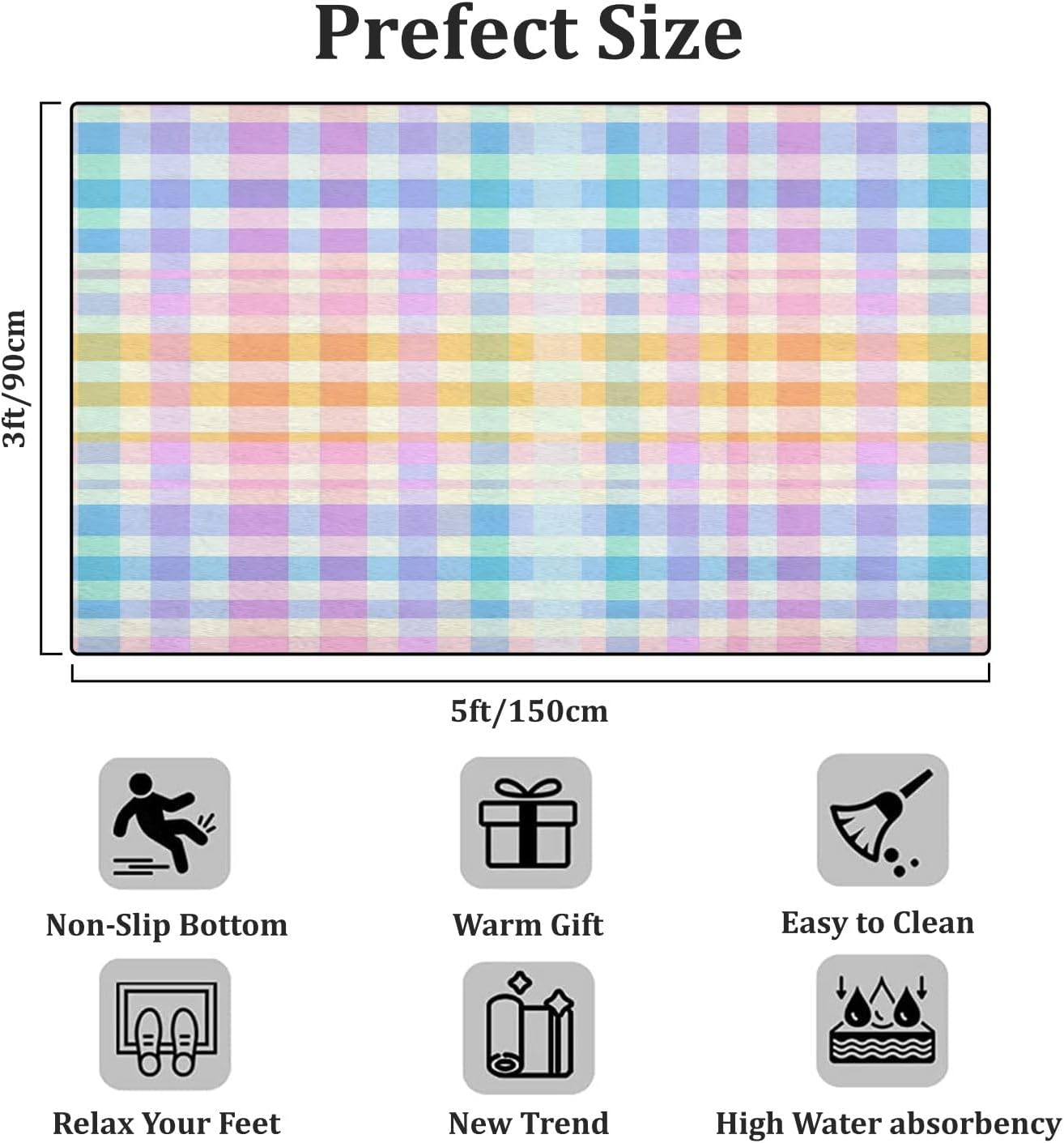 Gingham Check Plaid Pattern for Spring Summer Colorful Pastel Rainbow Area Rug Outdoor Patio Rug Play Mat Modern Floor Carpet Non-Slip Home Decor Living Room Kids Bedroom Nursery, 3x5 ft
