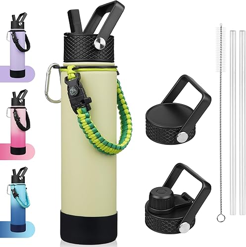 Miniatura 33 de BJPKPK Botella de agua aislada con tapa con popote, frascos térmicos de 22 onzas con 3 tapas, mango de paracord y bota antideslizante, vasos de