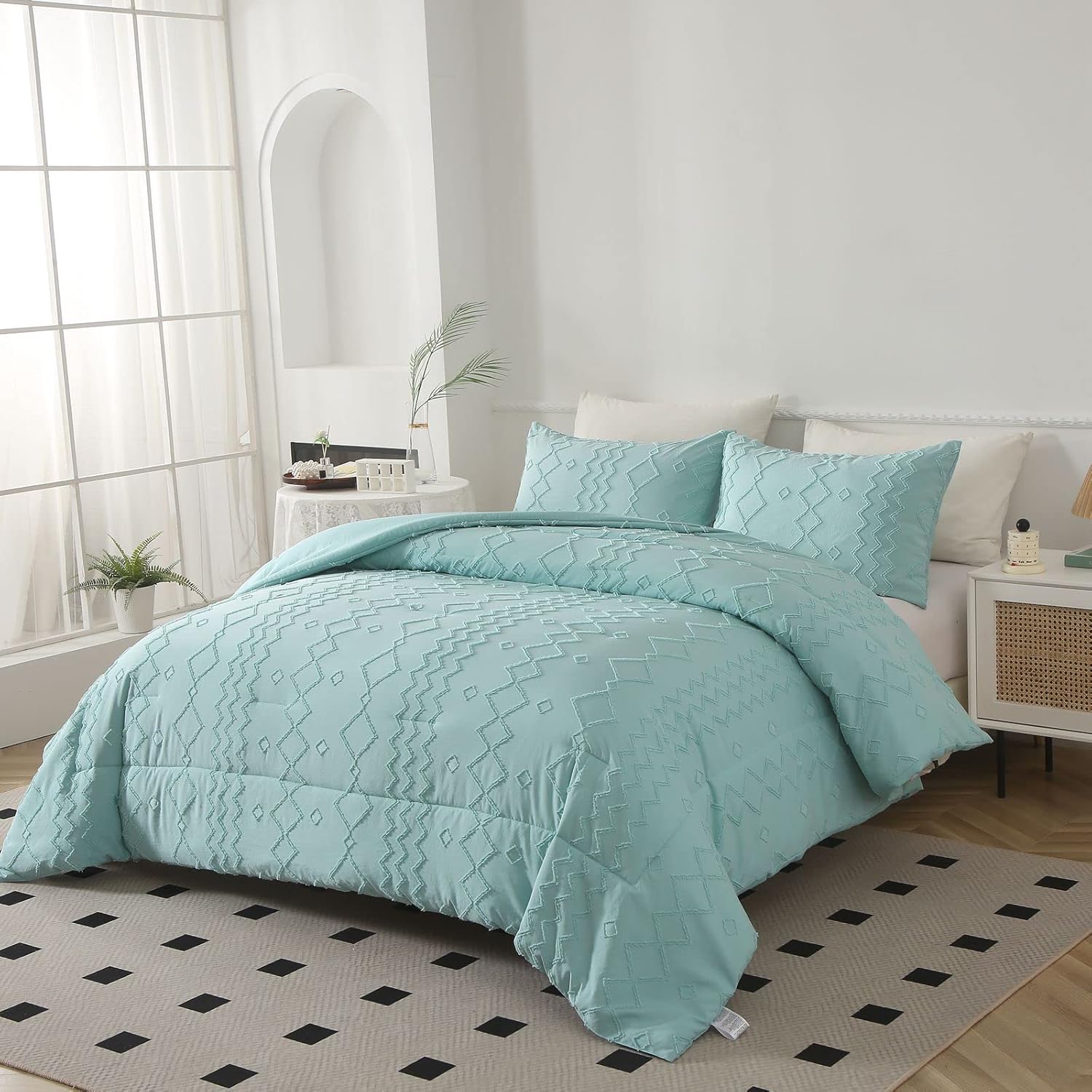 Boho Queen Comforter Green Bedding Set Tufted Farmhouse