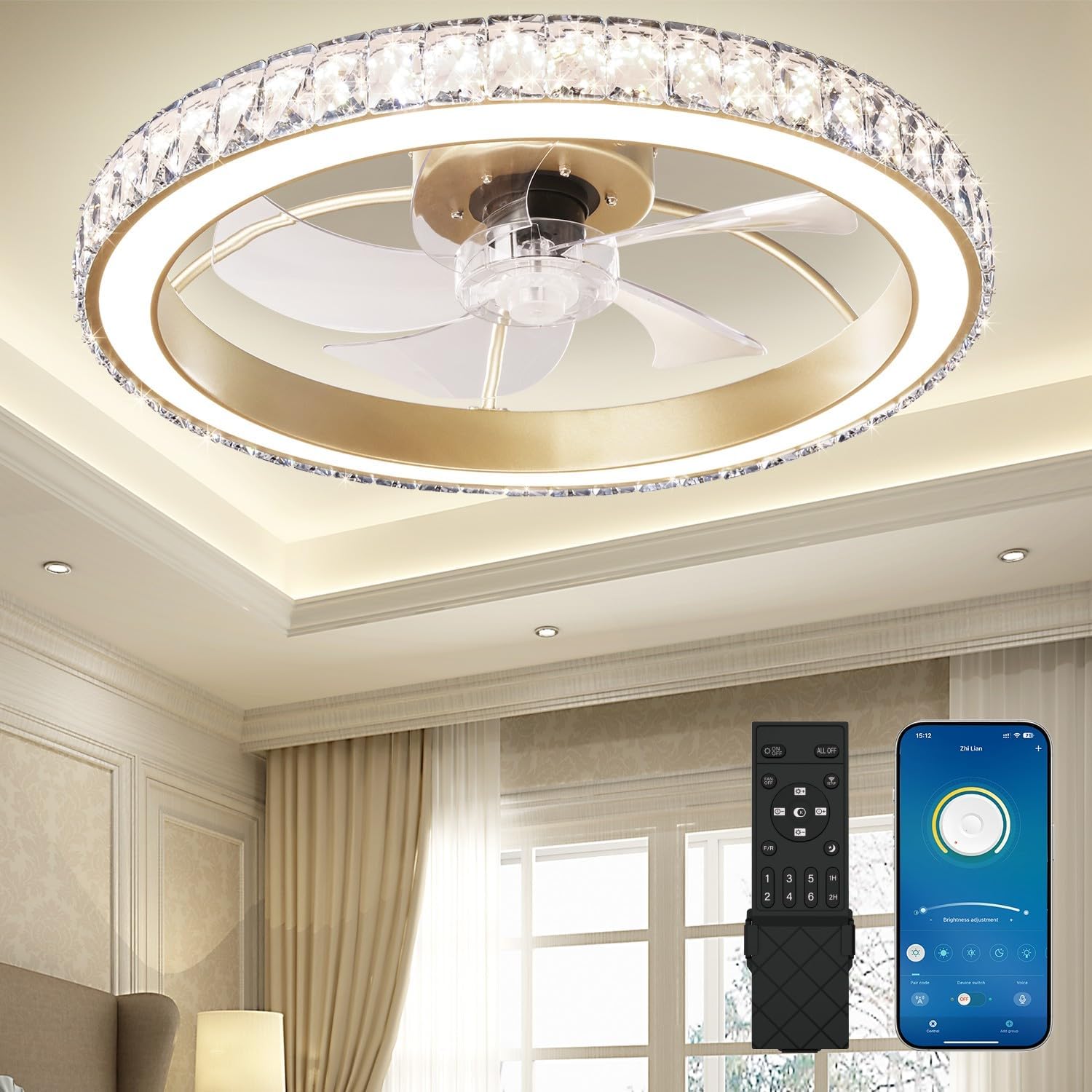 Aipsun Low Profile Modern Crystal Chandelier Ceiling Fans with Lights and Remote, 3000K-6500K Smart Bladeless LED Fan Light, 22" Gold Modern Ceiling Fans with Lights for Bedroom Gold 22 INCH