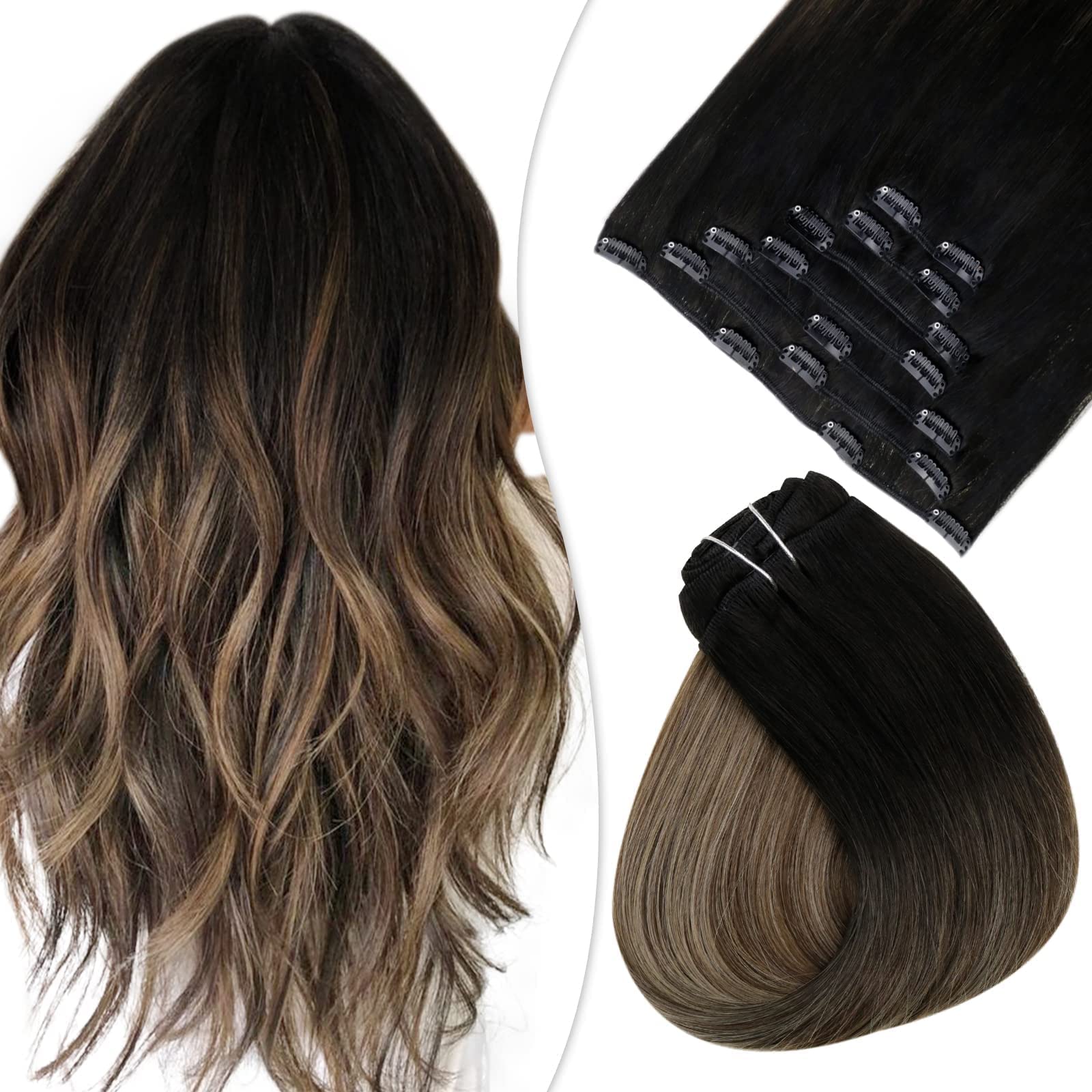 EasyouthClip in Hair Extensions Real Human Hair Ombre Black to Brown Mix Caramel Blonde Clip in Hair Extensions Ombre Blonde Clip in Hair Extensions Real Human Hair Clip ins 14Inch 7Pcs 70g