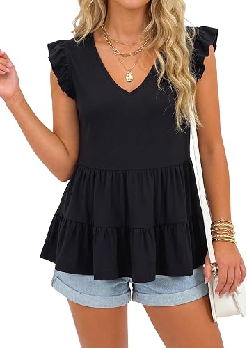 OPOIPIN Womens Babydoll Tank Tops V Neck Sleeveless Ruffle Hem Peplum Shirts Ple