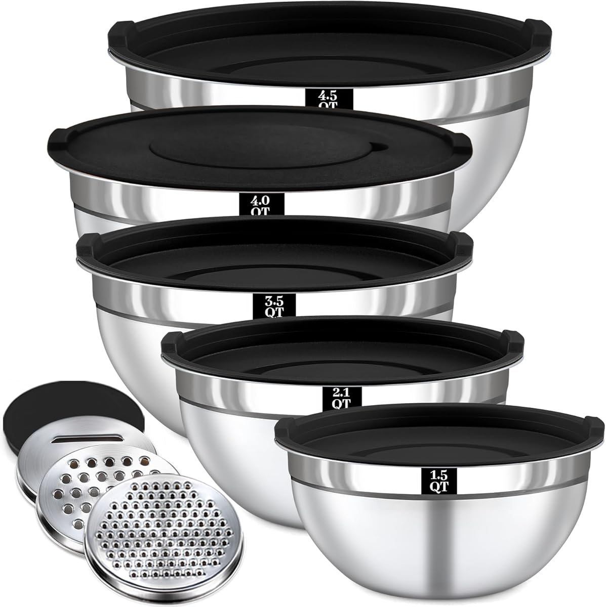 Mixing Bowls with Lids Set - 5 Nesting Mixing Bowls, 3 Grater Attachments, Airtight Lids, Stainless Steel Mixing Bowls for Mixing & Serving, Size 1.5/2.1/3.5/4/4.5 QT, Black