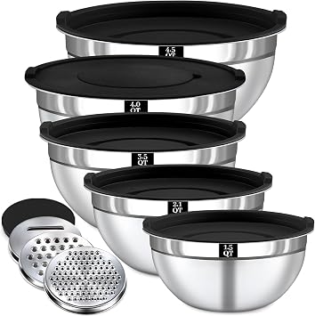 8PCS Stainless Steel Mixing Bowls with Lids Set, 5 Nesting Metal Mixing Bowls, 3 Grater Attachments, Serving Bowls with Lids for Baking, Mixing & Food Prep, 1.5-4.5 QT, Black