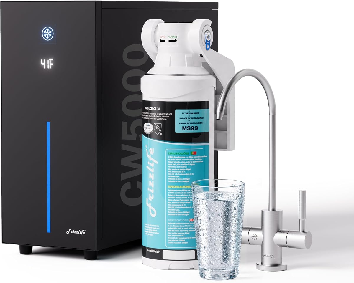 Frizzlife Under Sink Water Chiller Cooling System with Filter, CW5000+MS99 | Cold & Room-temp Outlets Faucet, NSF 53/42/372 Certified MS99 Superior Filtration, Adjustable Cooling, Space Saving Design