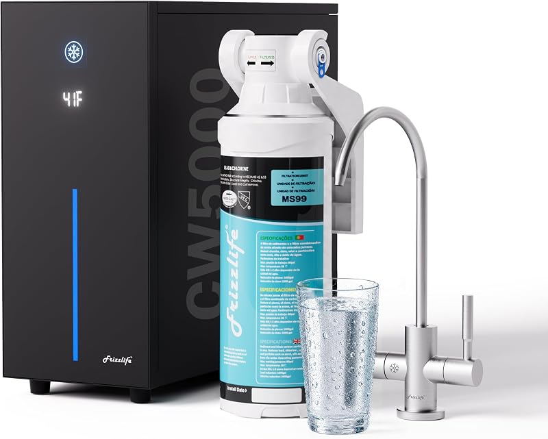 Frizzlife Under Sink Water Chiller Cooling System with Filter, CW5000+MS99 | Cold & Room-temp Outlets Faucet, NSF 53/42/372 Certified MS99 Superior Filtration, Adjustable Cooling, Space Saving Design