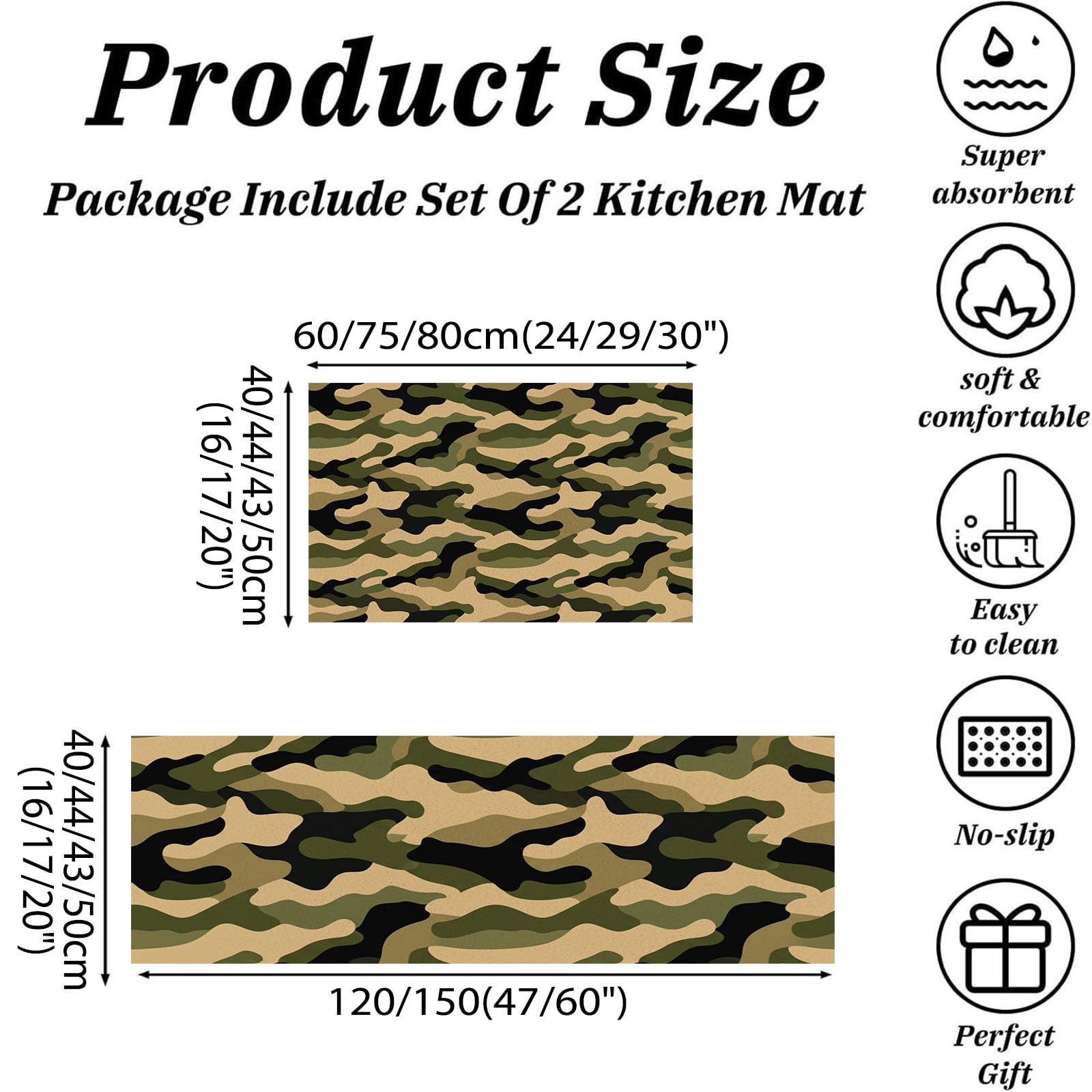 Juego De 2 De Alfombras De Cocina Geometría De Camuflaje Abstracta | Alfombra Antideslizante Lavable para Cocina, Cubo De Onda Retro Conjuntos Absorbentes para Pasillo Entrada, Verde Militar