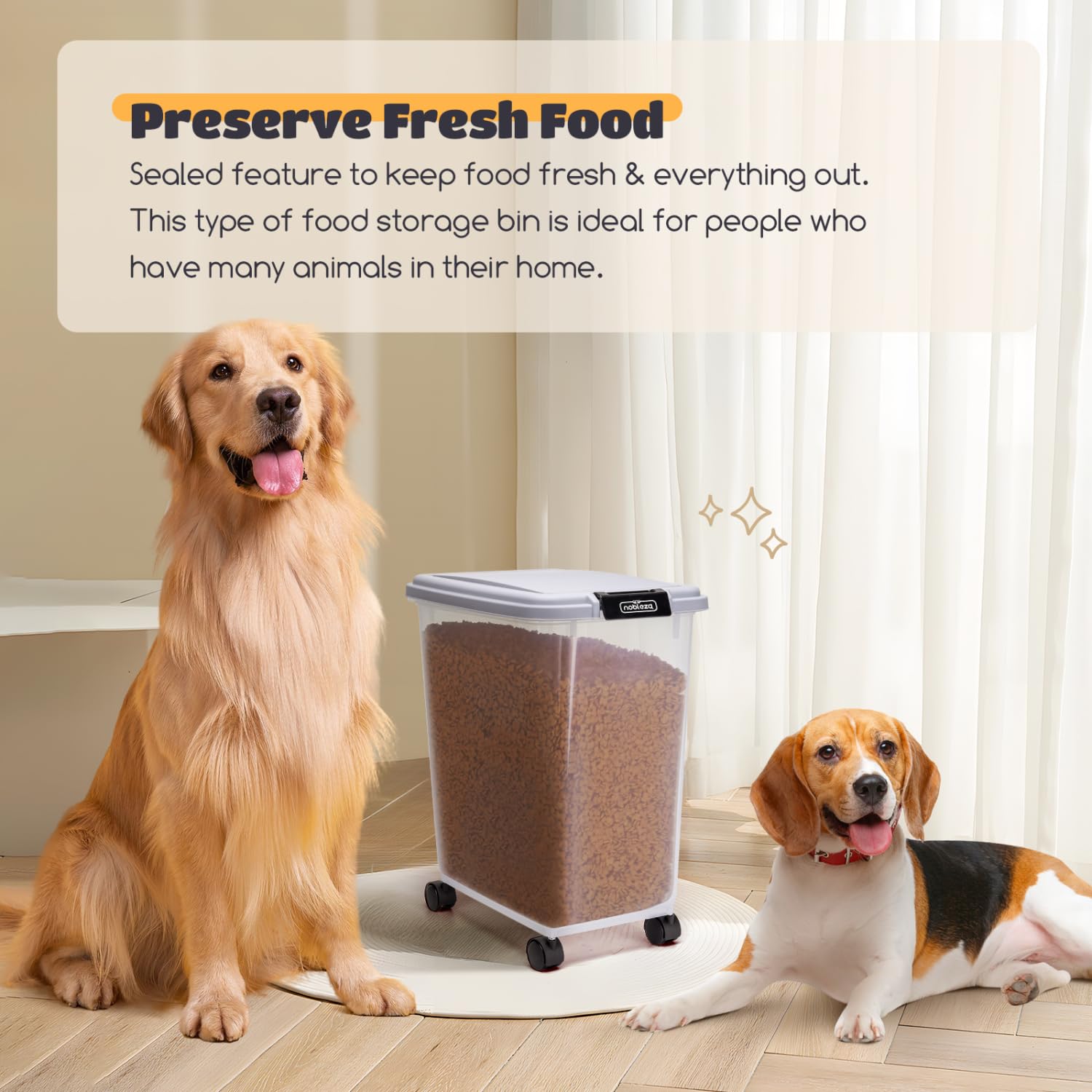 Nobleza - 2 Pezzi Contenitore per Animali da 30 L, Animali Domestici Scatola di Alimenti con Ruote Contenitore, Coperchio Ribaltabile, Ermetico, Trasparente, Ruote e Pala, per Cibo per Cani e Gatti