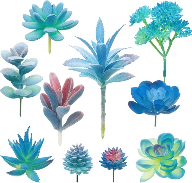 Woohome 10 PCS Artificial Succulent Plants, Blue Fake Succulent, Unpotted Faux Succulent Assortment in Flocked Blue in Different Type for Birthday Home Decor Indoor Wall Garden DIY