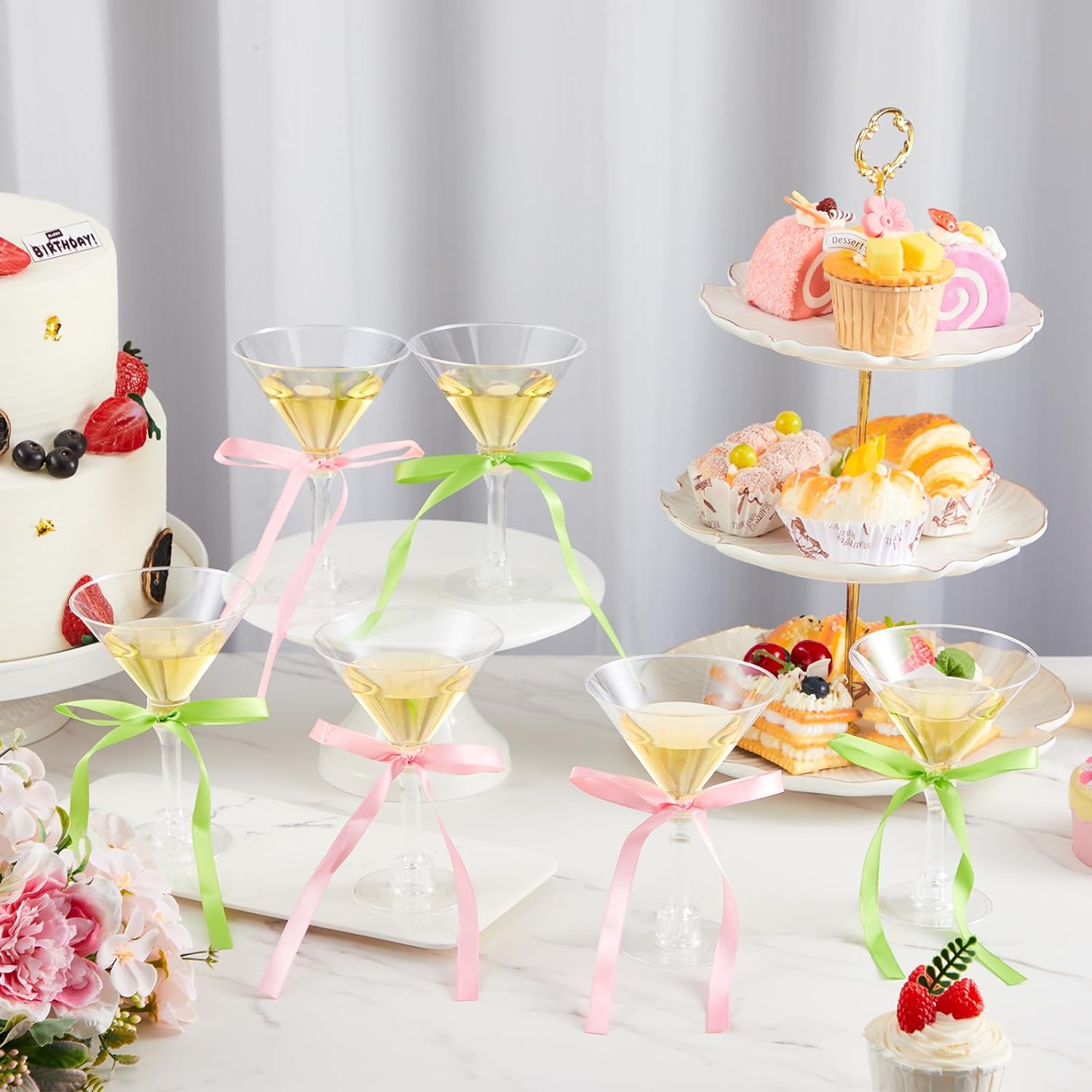 Maxdot 30 Sets A Tini Bit Older Birthday Party Supplies 5 oz Espresso Martini Glasses Plastic Mini Champagne Tower with Bows for Espresso Martini Bachelorette Decoration Tiny Bar(Pink, Green)