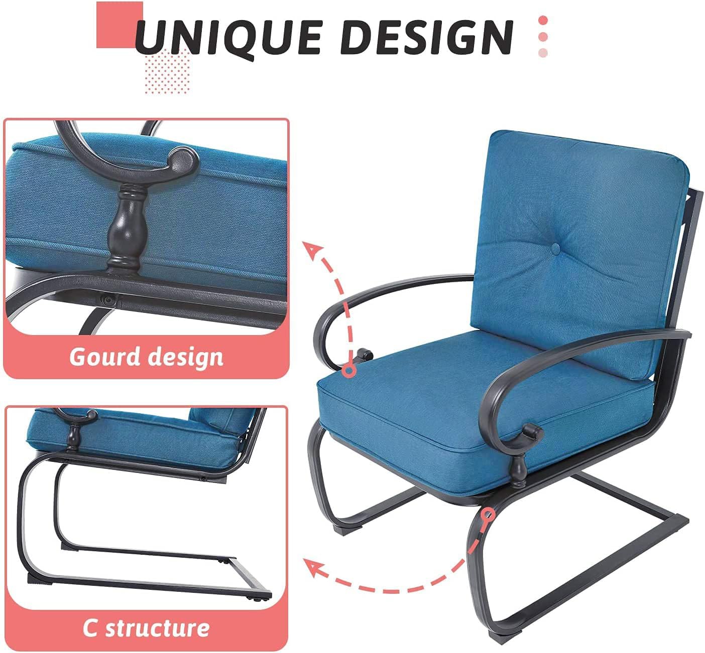 SOLAURA 4-Piece Outdoor Furniture Patio Conversation Sets Swing Glider Loveseat and Spring Lounge Chairs with Side Table for Garden, Deck, Balcony, Poolside, Lawns (Peacock Blue)
