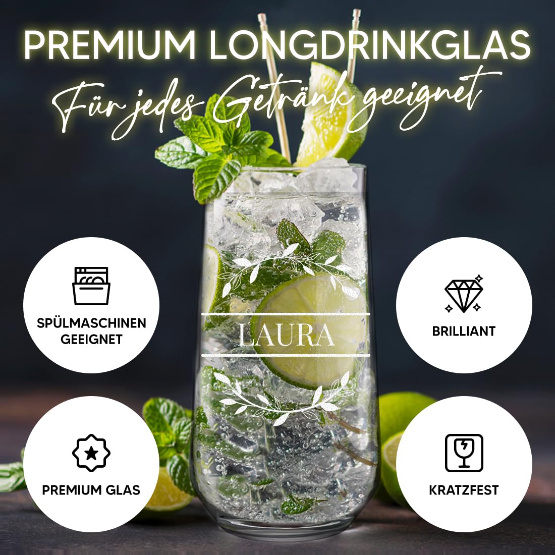 polar-effekt Longdrinkgläser 470 ml 6 Stück mit personalisierter Gravur - Trinkgläser Set mit Namen - Highballgläser für Partys - für Wasser, Saft und Drinks