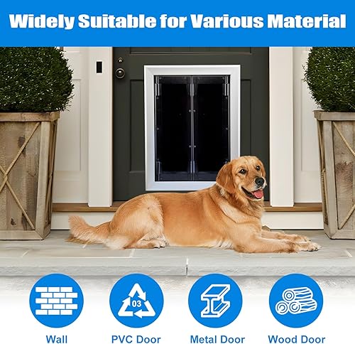Miniatura 6 de Puerta de aluminio para mascotas con paneles, puerta duradera para perros con solapas magnéticas de cierre automático, panel deslizante y 4