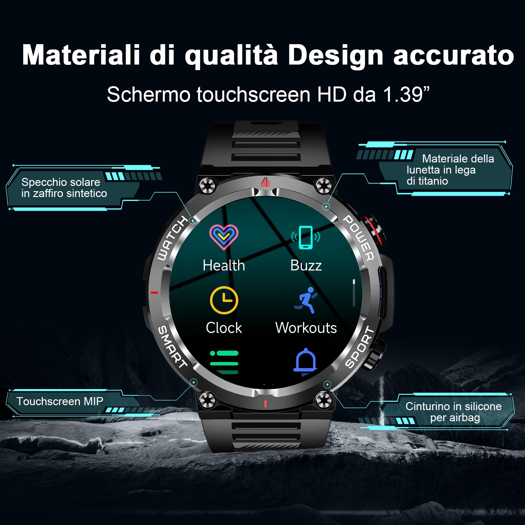 IOWODO Smartwatch Uomo,Orologio Fitness Chiamate Bluetooth,Smart Watch Militari Tracker con Cardiofrequenzimetro,SpO2, Monitoraggio del Sonno,100+ Modalità Sport Compatibile Android con iOS