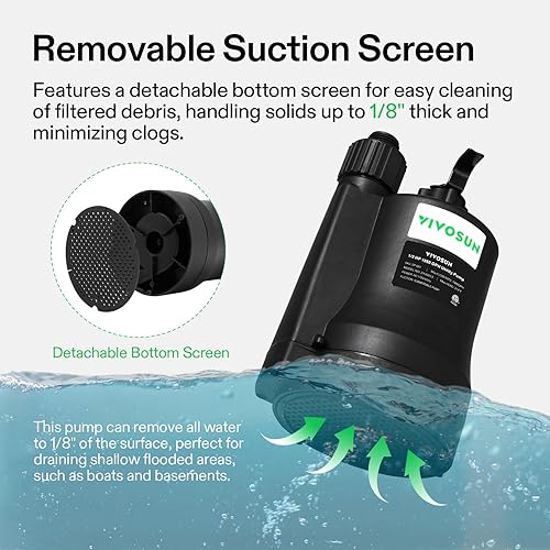 Miniatura 2 de VIVOSUN Bomba de agua sumergible, bomba utilitaria de 13 HP 1980 GPH, bomba de sumidero termoplástico con cable de 10 pies, compacta y portátil,