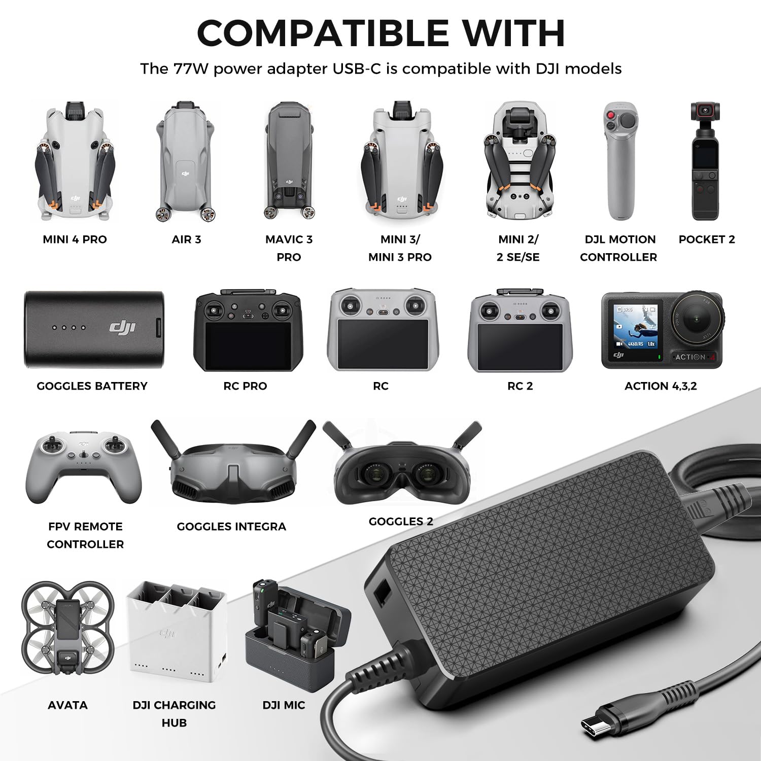 Caricatore USB-C 65W Con Cavo Per DJI Mini 3/4 Pro, Avata, Air 2S, Osmo Action 3/4, Pocket - 2