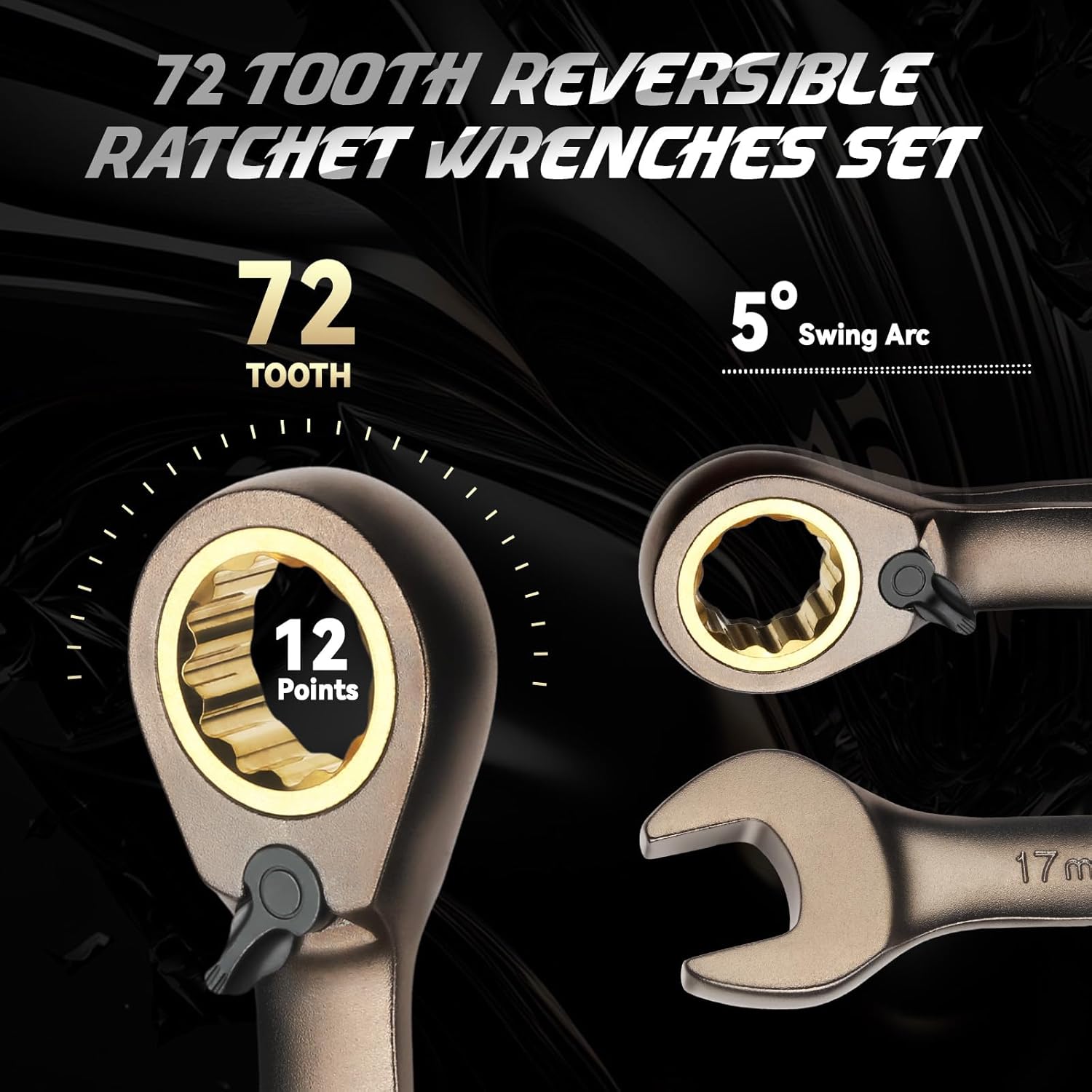DISEN 12-Piece Reversible Ratcheting Wrench Set, Combination Wrench Set Metric 8-19MM, 72-Tooth, CR-V Steel, Nickel Plating, Crank Design with Organizer Rack
