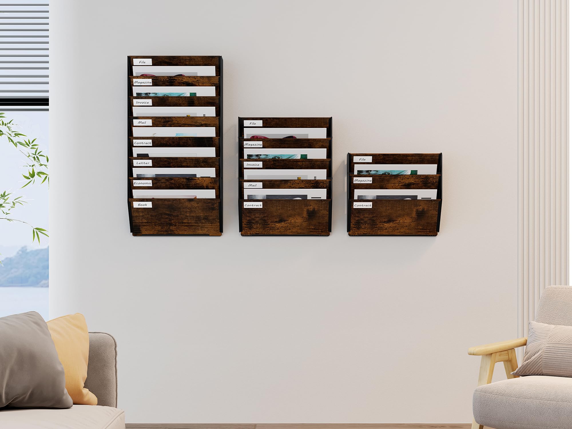 EasyPAG 3 Compartiments Assembler Métal Bois Porte Revue Mural Porte Document Suspendu A4 Organisateur de Bureau à Suspendre Banette de Rangement Range Papier Corbeille a Courrier Murale