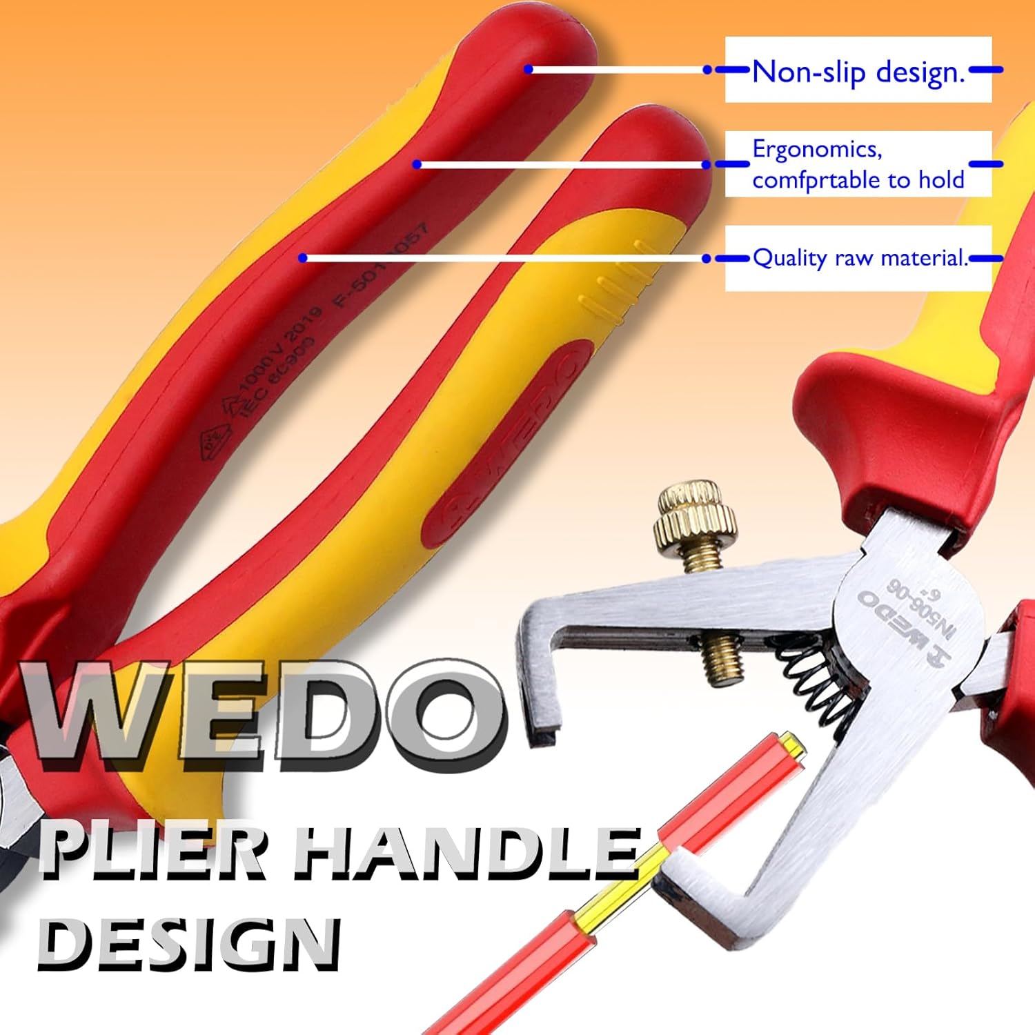 WEDO Insulated Wire Stripping Pliers 6", VDE 1000V Injection Pliers with Chrome Vanadium Steel Body and Dual Material Anti-Slip Handles, Jaw Hardness HRC58-63
