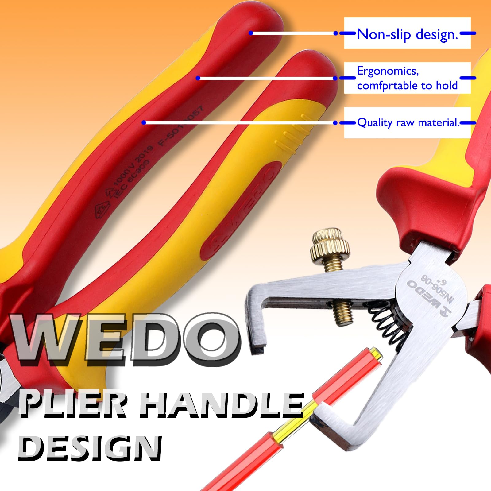 WEDO Insulated Wire Stripping Pliers 150mm(6"), VDE 1000V Injection Pliers with Anti-Slip Handles - Image 4