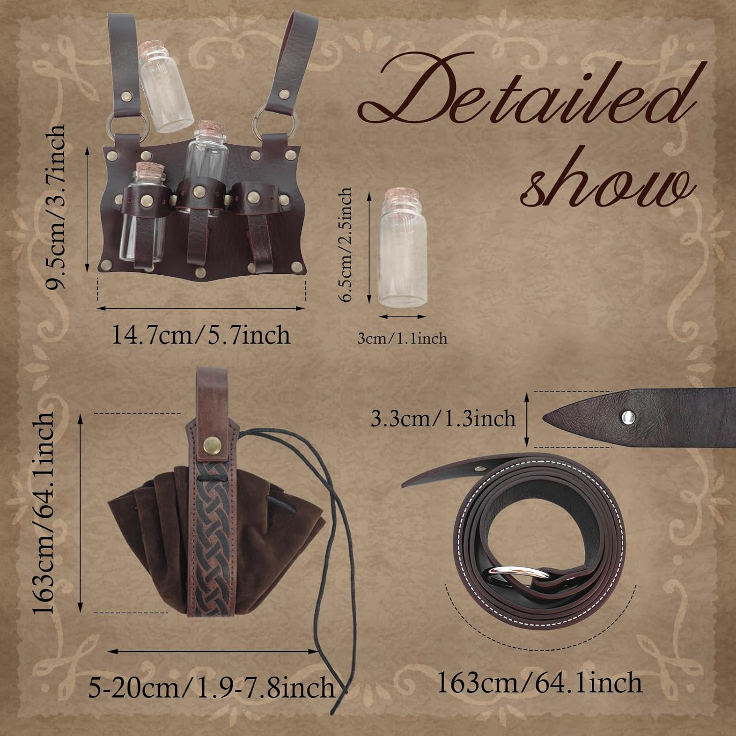 IncreDecor Renaissance Accessories with Renaissance Belt Medieval Embossed Belt Pouch Leather Bracers for Halloween Cosplay - Image 2