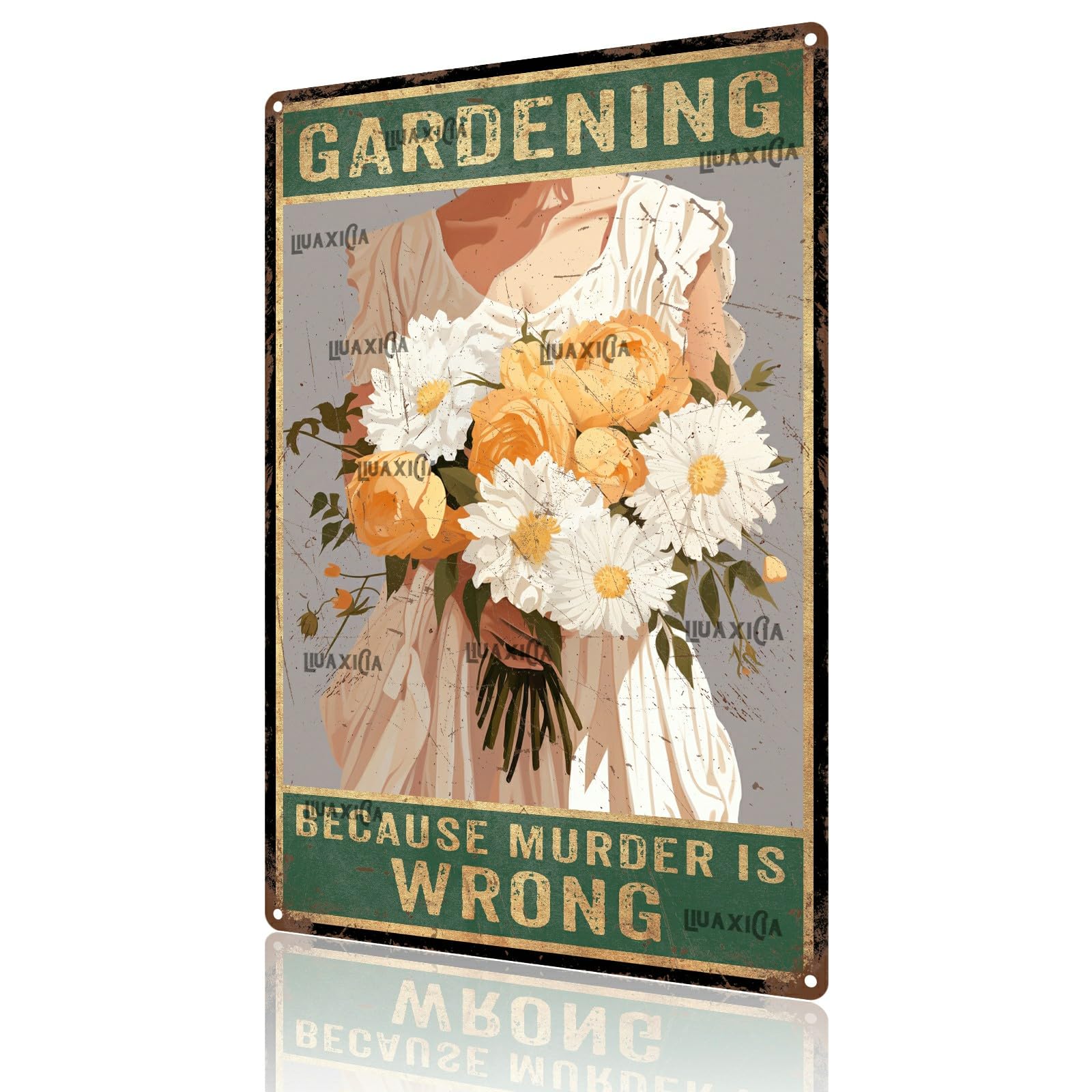 peiyeety Metal Tin Sign Gardening Because Murder Is Wrong Vintage Decorative Wall Art,Retro Funny Gardening Rustic Plaque for Home Living Room Bedroom Garden Patio,12x16 Inch