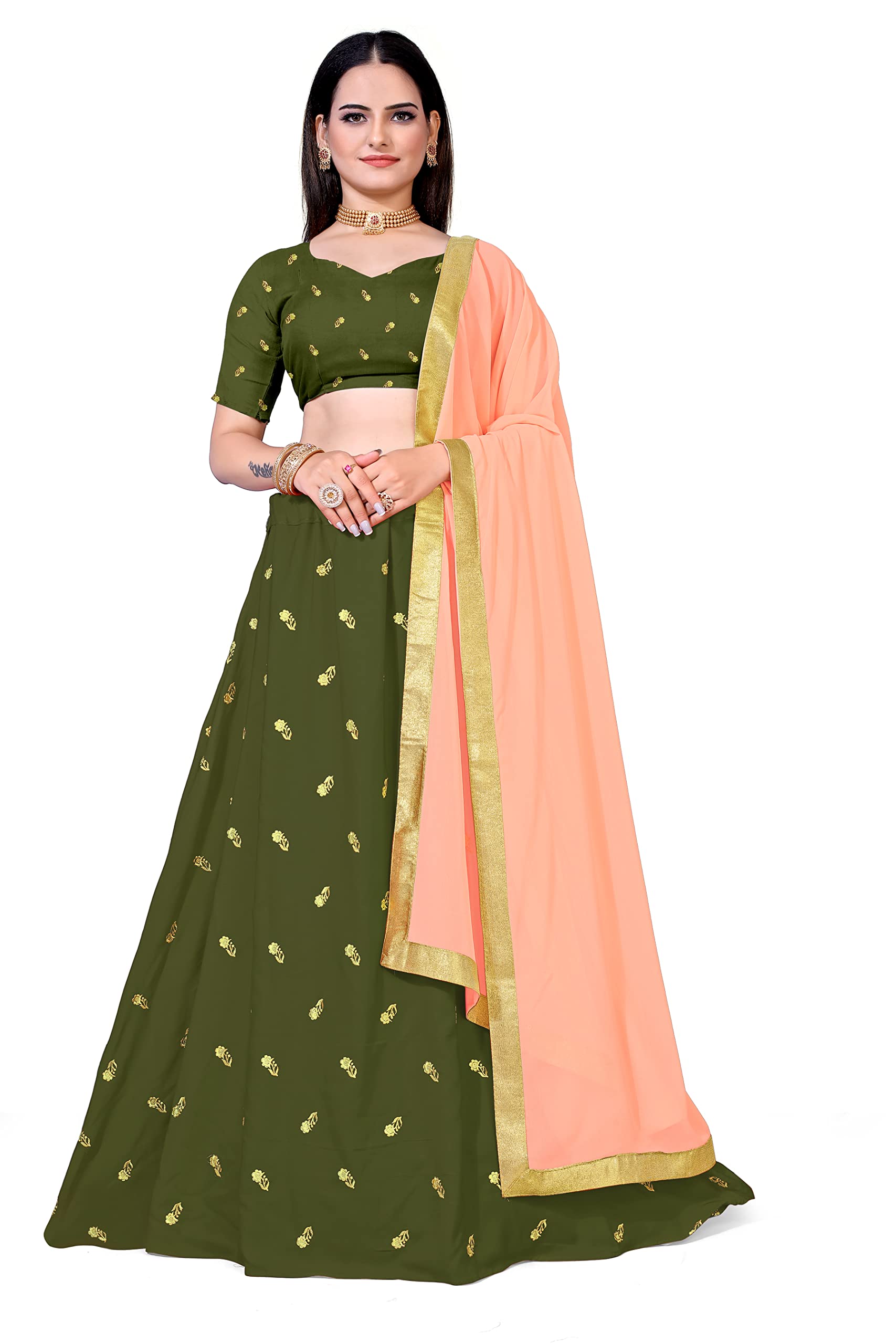 Tapi Maiya Women's Embellished Tilki Work Net Semi-stitched Lehenga Choli With Dupatta Set (Multi Colour) (Ritika Mehendi)