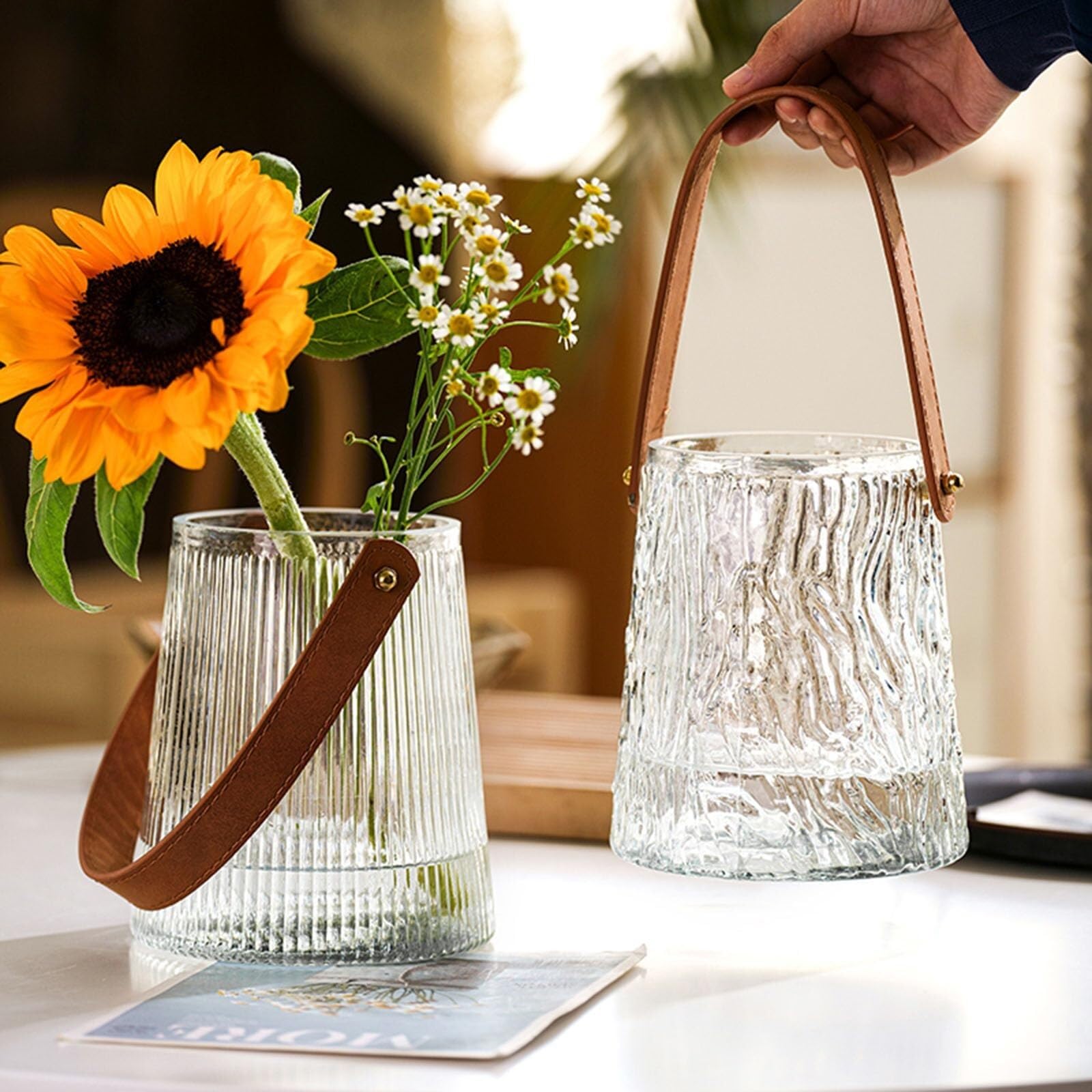 Vasi per fiori Vasi in vetro Vaso alla moda con manico Decorazione for soggiorno Centrotavola(Grey C,H 17.5CM)