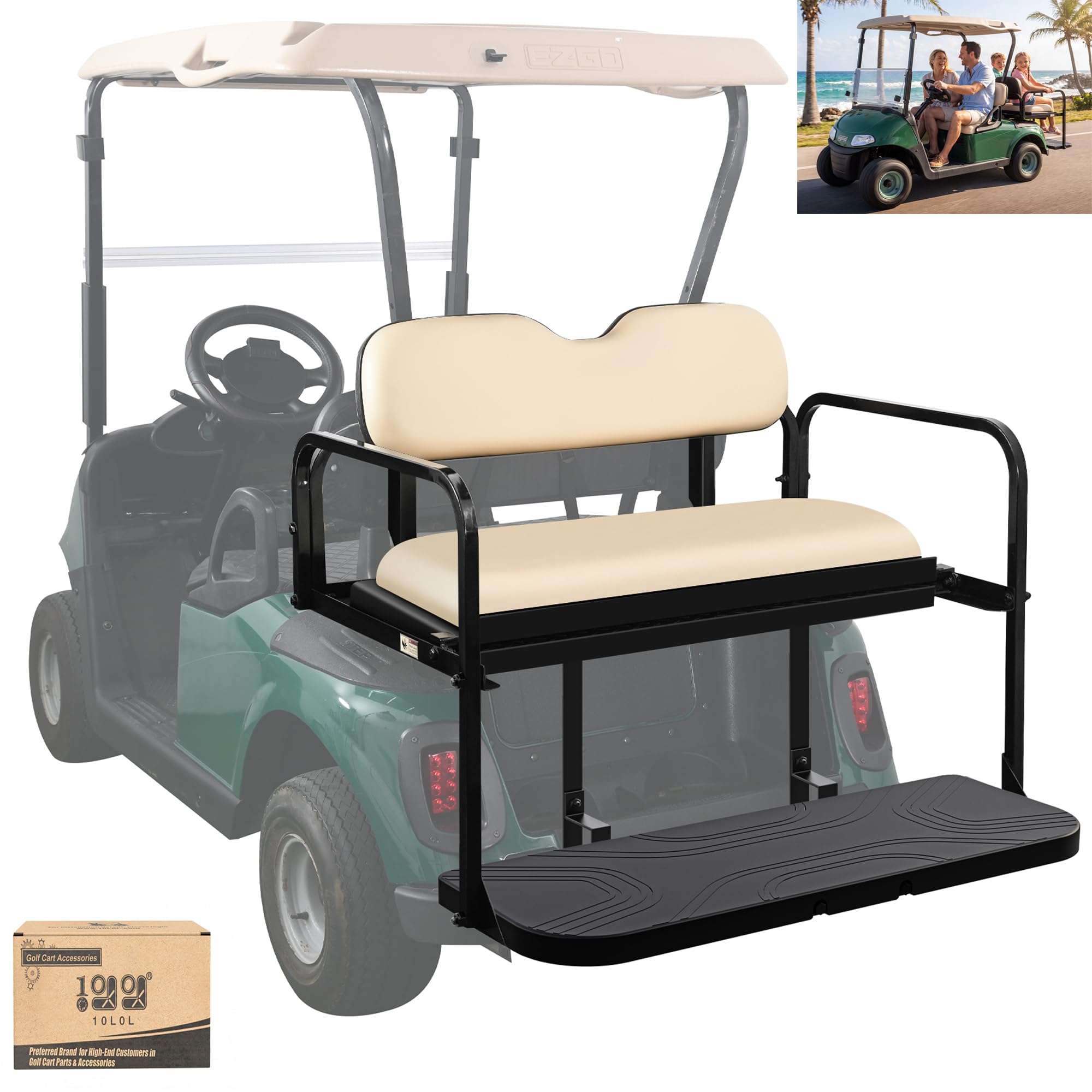 Photo 1 of 10L0L Golf Cart Rear Flip Seat Kit for EZGO RXV/Freedom RXV Gas and Electric Model 2008-up, Steel Frame and Folding Seat Cushion-Tan