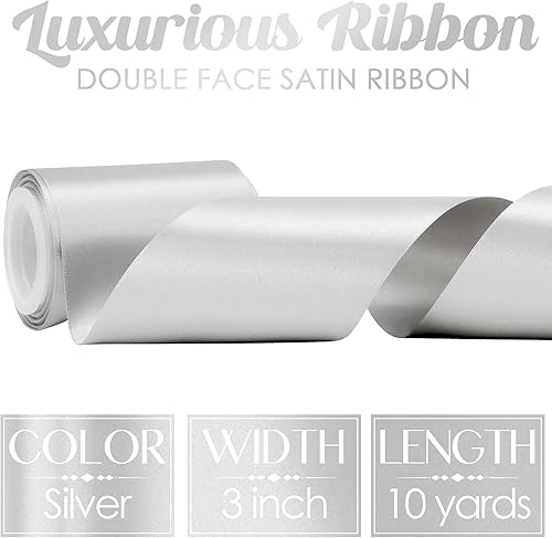 Miniatura 2 de MEEDEE Cinta de satén plateada Lux de doble cara de 3 pulgadas, cinta plateada para árbol de 10 yardas, cinta plateada de seda plateada para