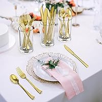 Vista 4 de Dealusy 100 unidades de cuchillos de plástico dorados resistentes desechables, libres de BPA, resistentes al calor, cuchillos desechables