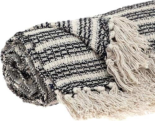 Miniatura 4 de HomeRoots Manta tejida a rayas de algodón negro y beige