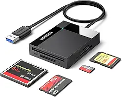 UGREEN Leitor de cartão SD USB 3.0 adaptador de hub de cartão 5Gbps leitura 4 cartões simultaneamente CF, CFI, TF, SDXC, SDHC, SD, MMC, Micro SDXC, Micro SD, Micro SDHC, MS, UHS-I (preto)