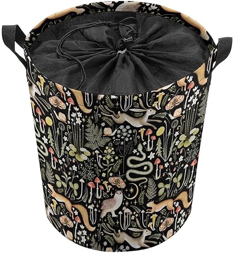 Miniatura 8 de Cesta de lavandería impermeable estilo cabaña rústica con diseño de bosque, animales salvajes, búho, conejo, zorro, hongos, independiente,